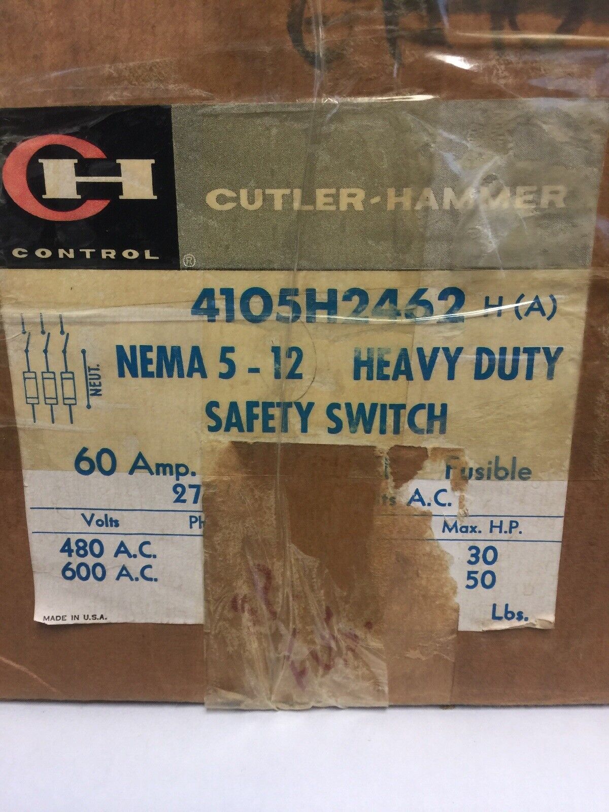 CUTLER HAMMER 4105H2462H HEAVY DUTY FUSIBLE SAFETY SWITCH 600VAC 60AMP 3PH 50HP