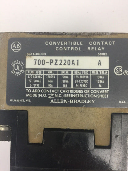 ALLEN BRADLEY 700-PZ220A1 CONTROL RELAY SERIES A 115-120V 60HZ 110V 50HZ