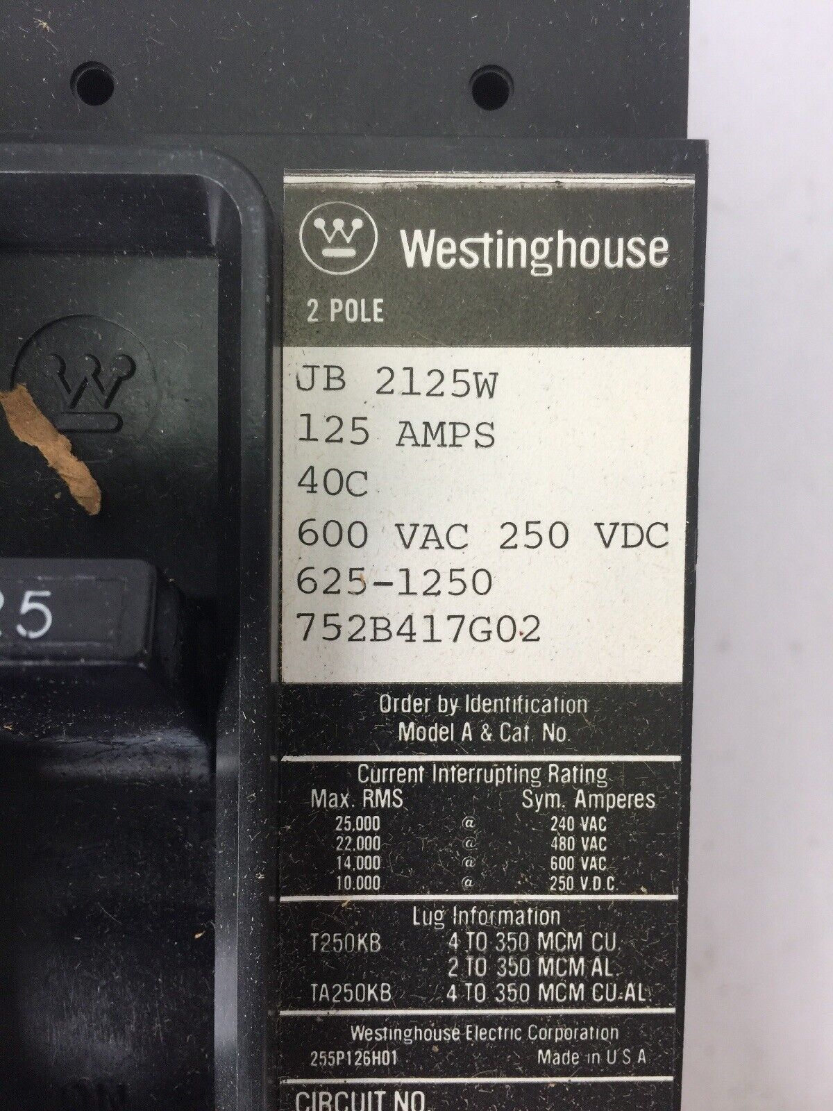 WESTINGHOUSE JB2125W AB DEION CIRCUIT BREAKER 125A 600VAC 250VDC 2 POLE