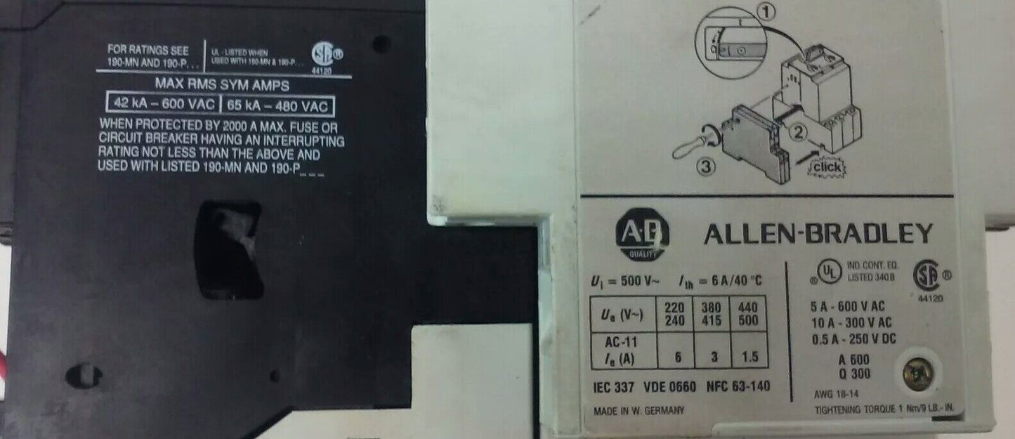 ALLEN-BRADLEY STARTER 190-MN, 190-P160, 190-A40, 190-A11, 199-FSMA1, 120V COIL