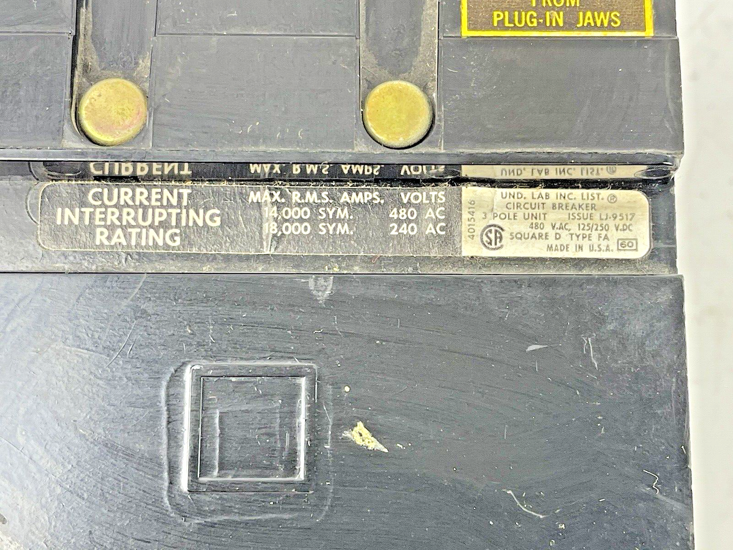 SQUARE D - LJ-9517 - CIRCUIT BREAKER -  480 VAC, 20 A, 3 POLE - TYPE  FA 34020