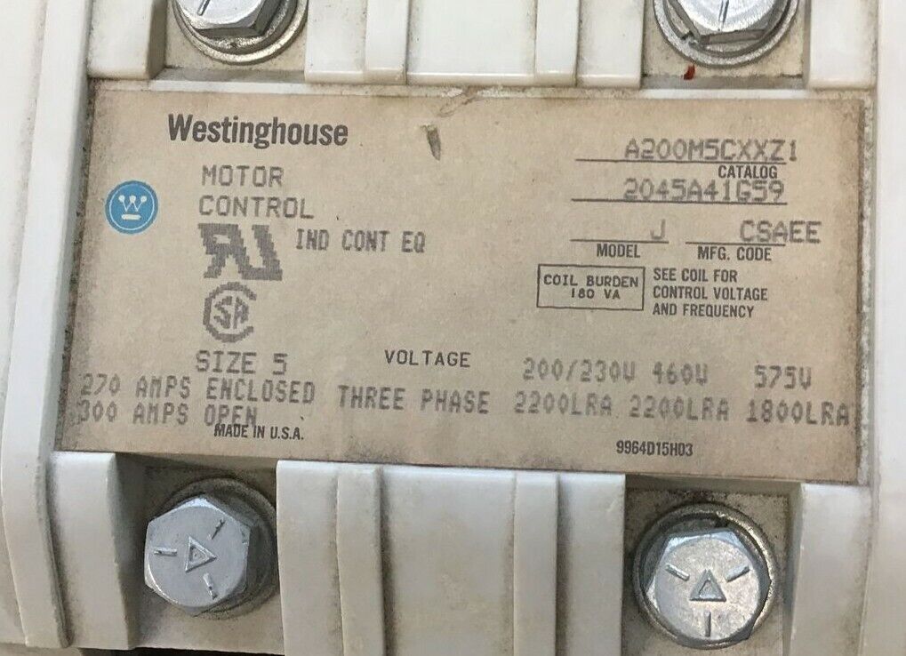 WESTINGHOUSE A200M5CXXZ1 MOTOR CONTROL SIZE 5 MOD. J W/ 2050A14G15 COIL 480V