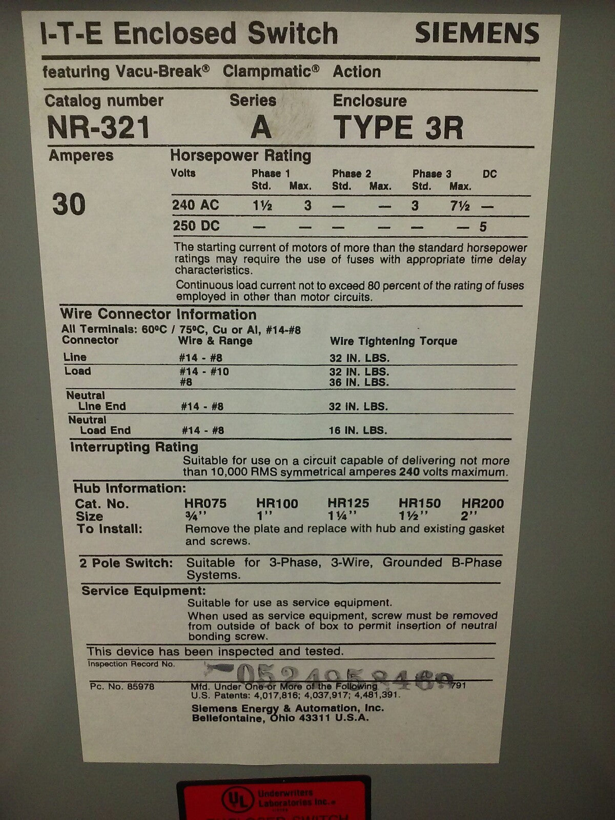 I-T-E SIEMENS NR-321 SER. A, ENCLOSED SWITCH, 30A, 240V, 2PH, TYPE 3R, FUSIBLE