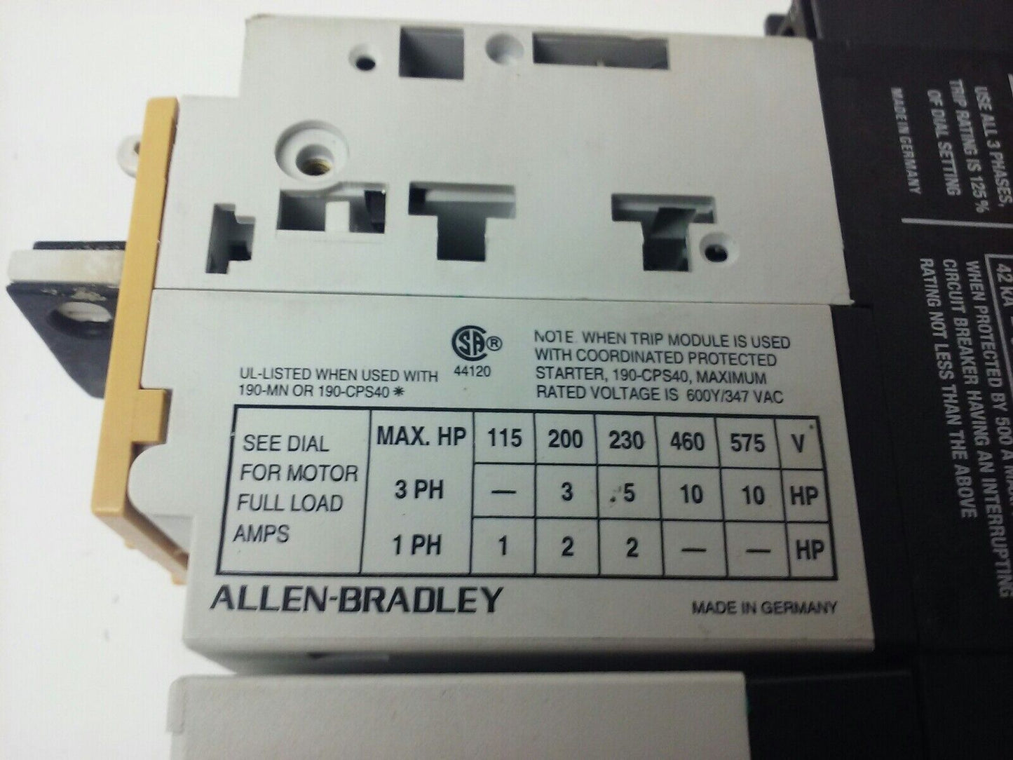 ALLEN-BRADLEY STARTER 190-MN, 190-P160, 190-A40, 190-A11, 199-FSMA1, 120V COIL