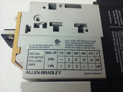 ALLEN-BRADLEY STARTER 190-MN, 190-P160, 190-A40, 190-A11, 199-FSMA1, 120V COIL