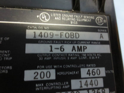 ALLEN-BRADLEY 1409-FOBD, Ser. A ARCING GROUND FAULT RELAY