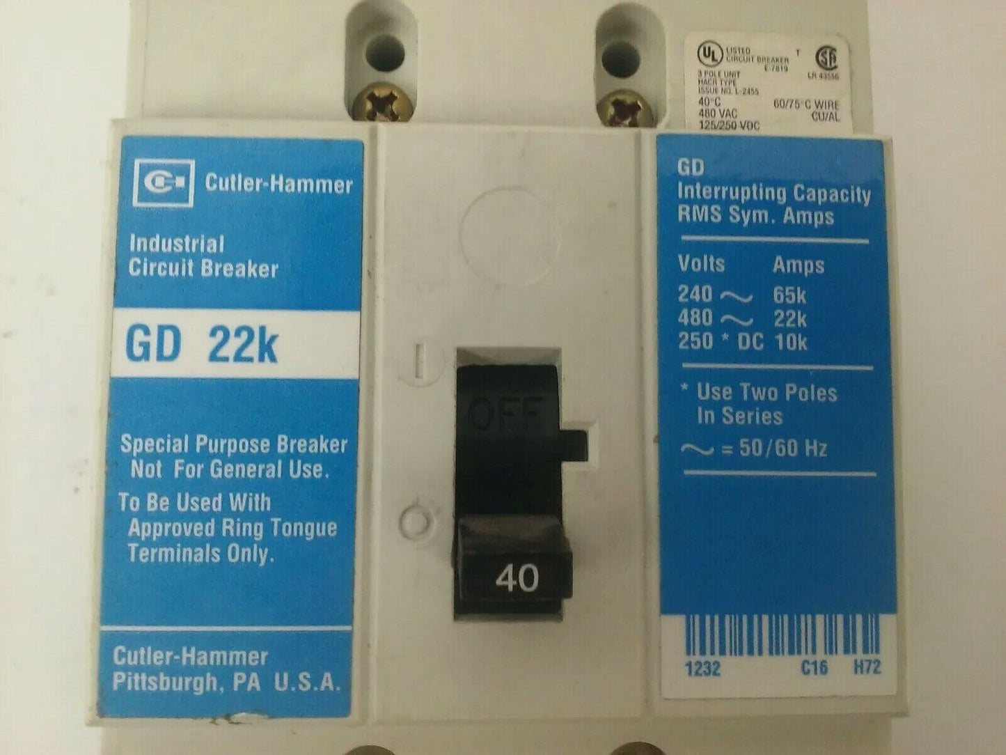 CUTLER HAMMER GD3040 CIRCUIT BREAKER 3POLE 40AMP 480VAC 250VDC GD 22K