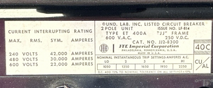 ITE JJ2-B300 CIRCUIT BREAKER 2POLE 300AMP 600VAC 250VDC