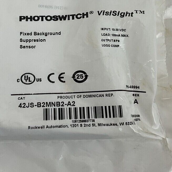 ALLEN BRADLEY 42JS-B2MNB2-A2 SUPPRESION SENSOR SER.A 10-30VDC