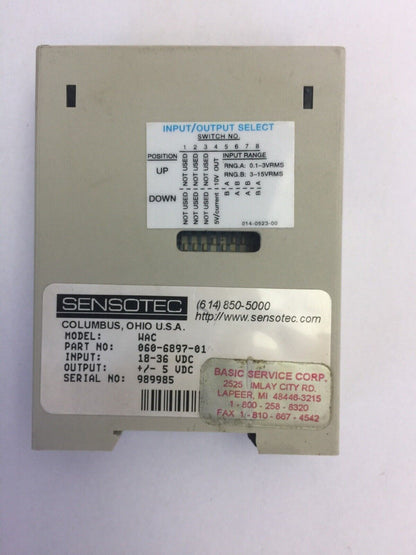 SENSOTEC MODEL WAC PART NO. 060-6897-01 INPUT 18-36 VDC OUTPUT +/- 5 VDC MODULE