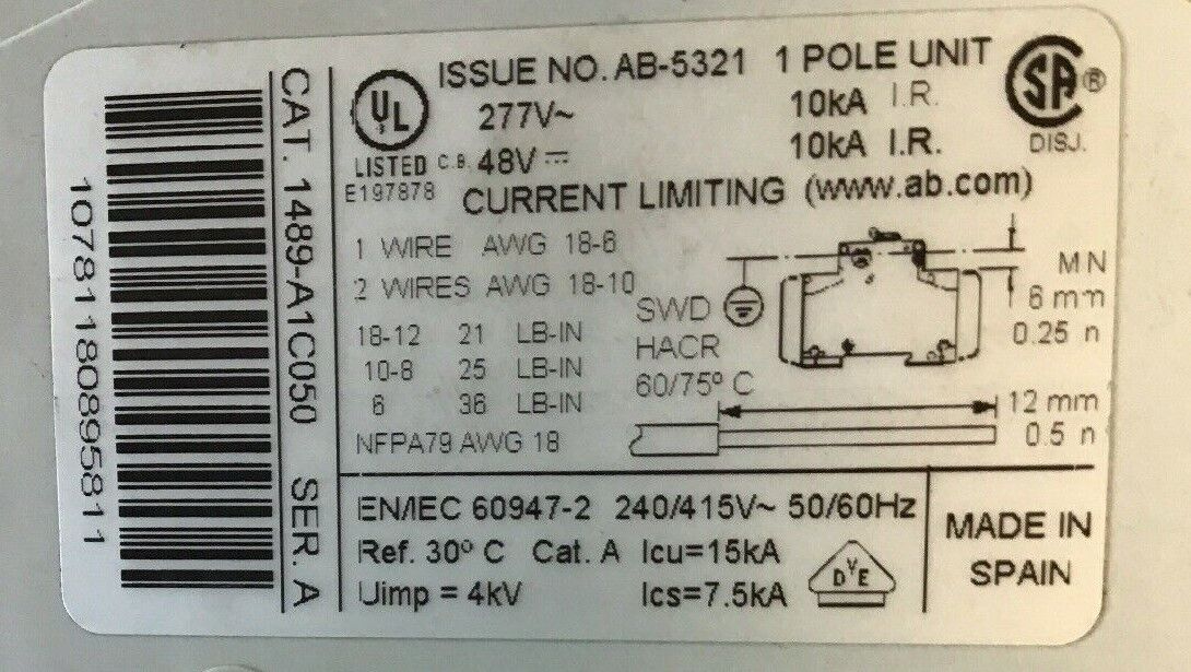 ALLEN BRADLEY 1489-A1C050 SER.A  5A 277VAC/48VDC 1POLE CIRCUIT BREAKER