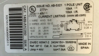 ALLEN BRADLEY 1489-A1C050 SER.A  5A 277VAC/48VDC 1POLE CIRCUIT BREAKER