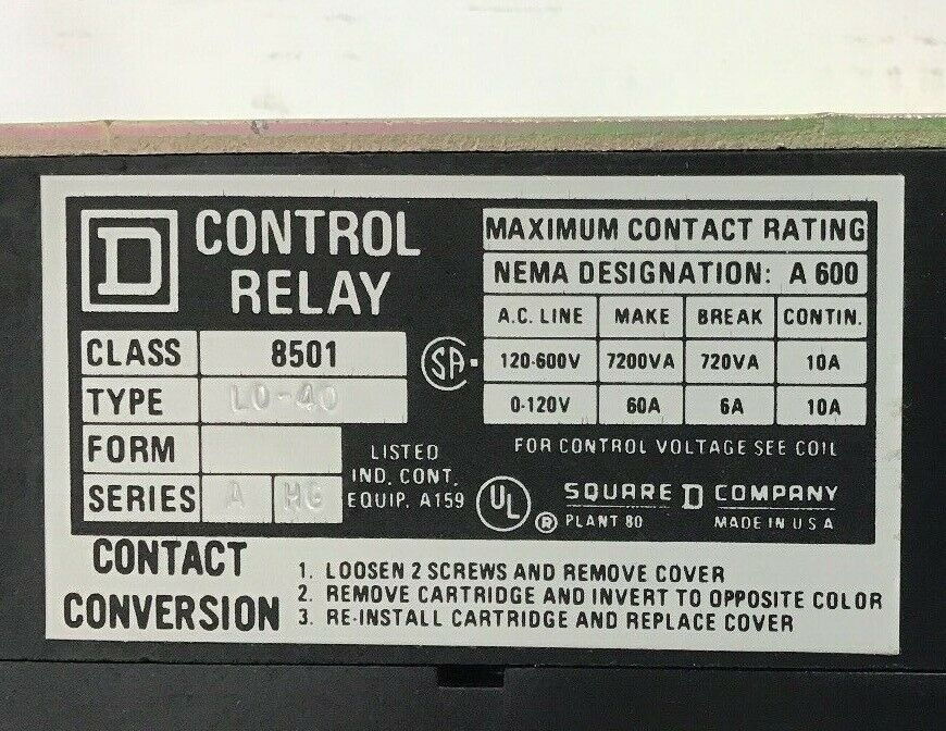 SQUARE D 8501 LO-40 A.C MAGNETIC CONTROL RELAY SER.A 120-60/110-50