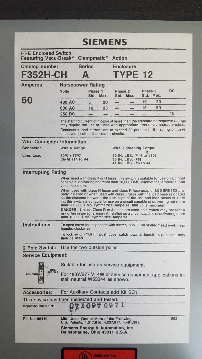 Siemens F352H-CH Series B Type12 W Welder Connector. 60A 600V DISCONNECT SWITCH