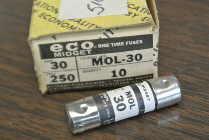 BOX of 10 / ECONOMY / FPE MOL-30 MIDGET ONE-TIME FUSE / 30A / 250V / NEW SURPLUS