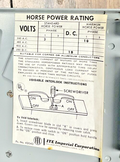 ITE V2B2222MR CLAMPMATIC VACU-BREAK 2POLE 250V 60A 10HP