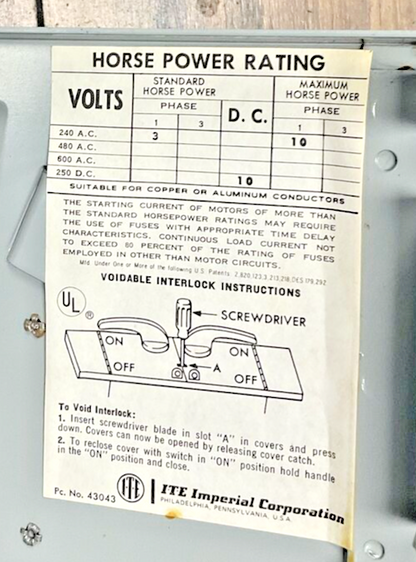 ITE V2B2222MR CLAMPMATIC VACU-BREAK 2POLE 250V 60A 10HP