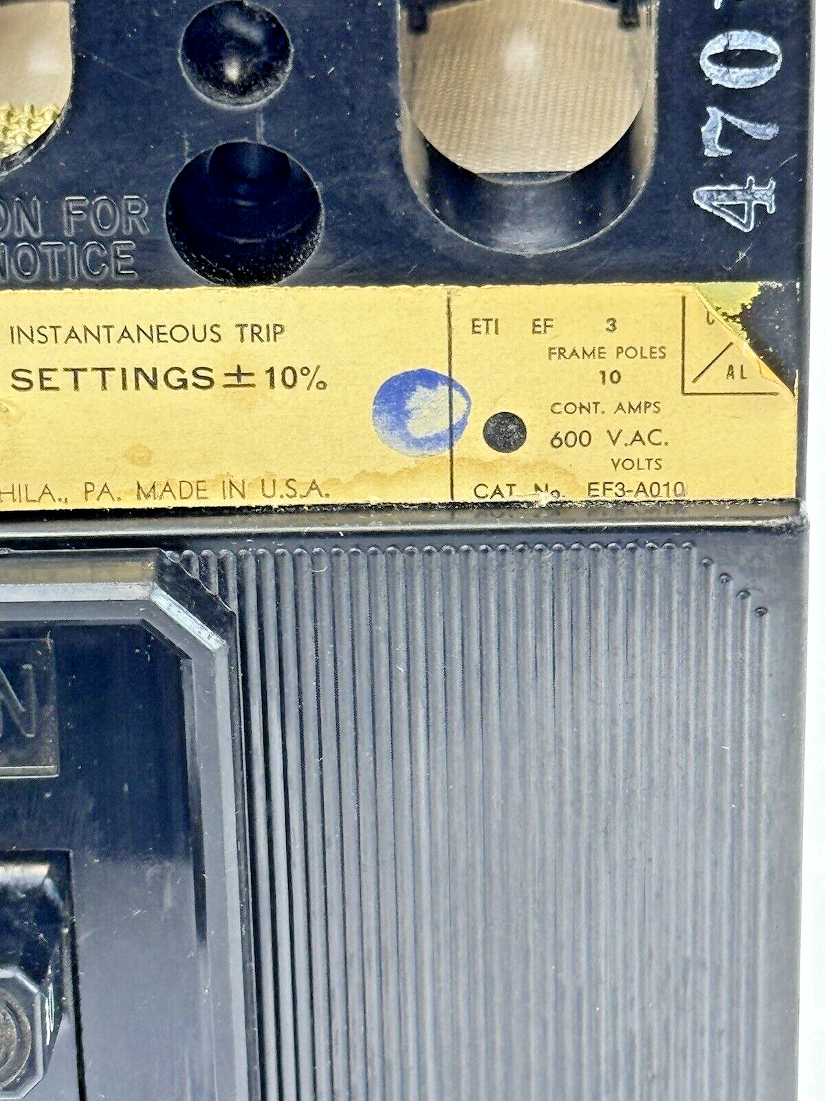 ITE / SIEMENS - EF3-A010 - MOLDED BREAKER W/ ADJ. TRIP - 3 POLE/10A/600 VAC