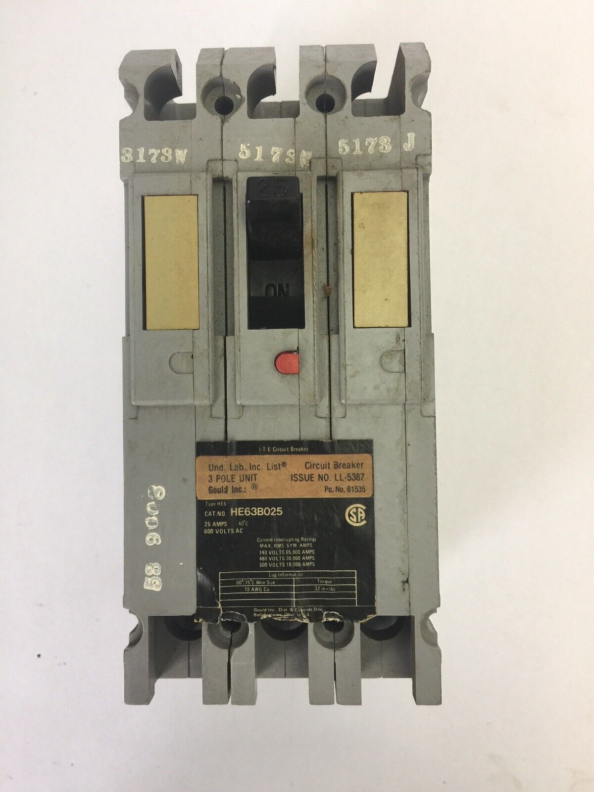 ITE HE63B025 CIRCUIT BREAKER 600VAC 25AMP 3 POLE