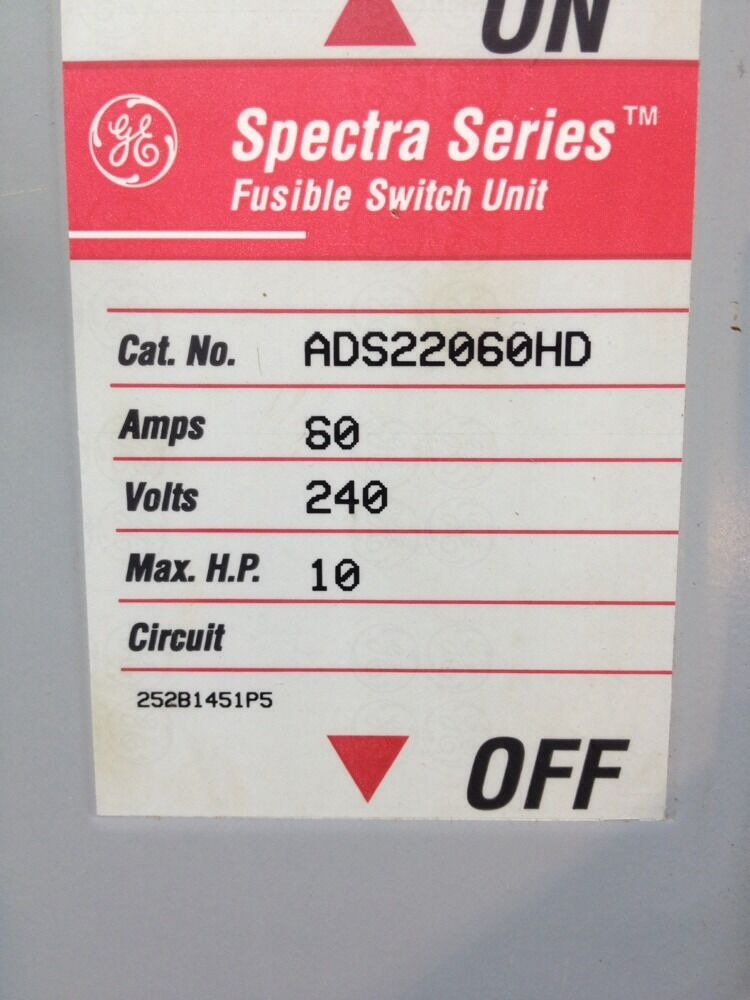 GE SPECTRA SERIES ADS22060HD 60A 240V 2PH FUSIBLE PANLEBOARD SWITCH