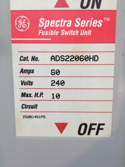 GE SPECTRA SERIES ADS22060HD 60A 240V 2PH FUSIBLE PANLEBOARD SWITCH
