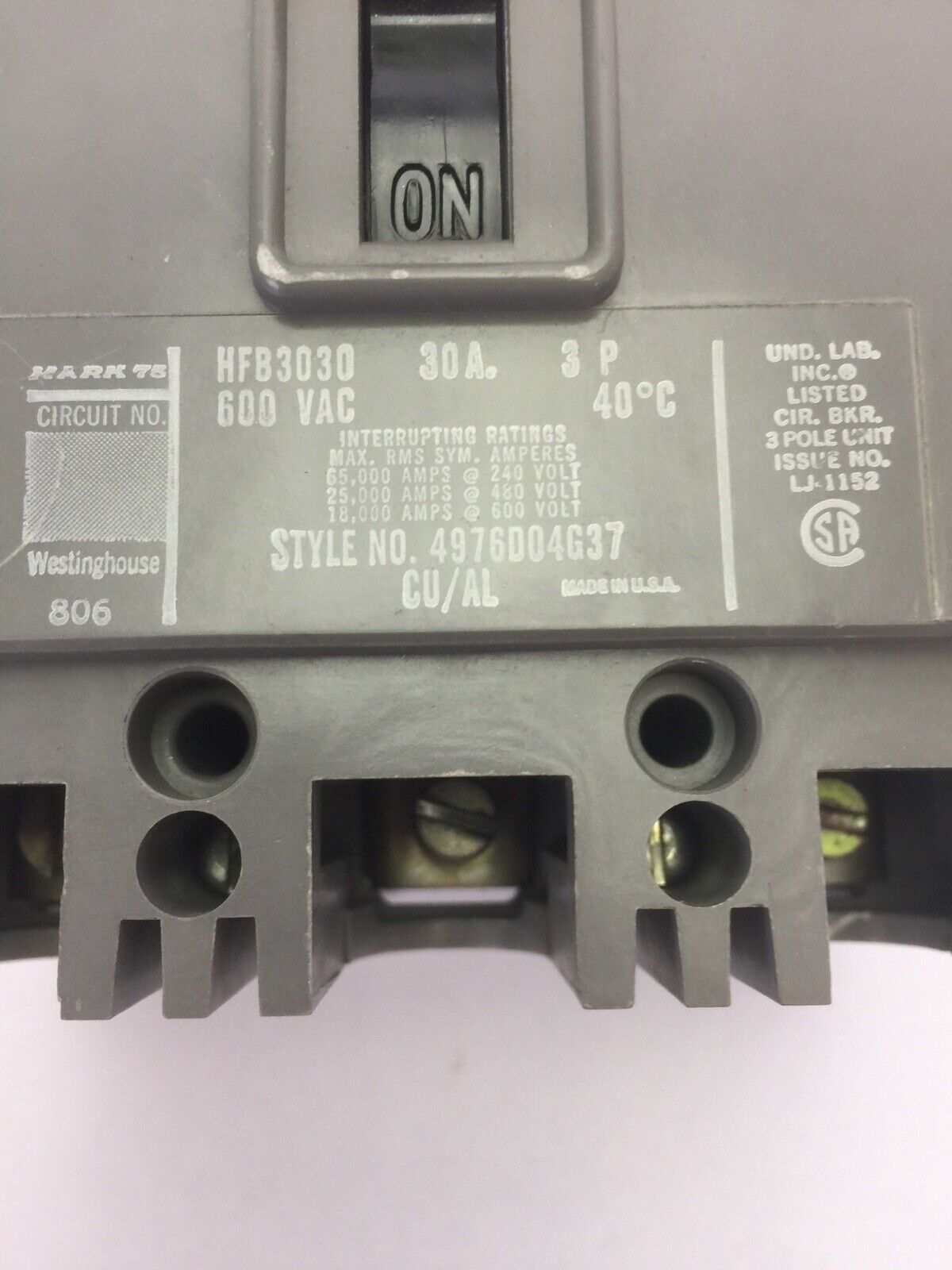 WESTINGHOUSE HFB3030 AB DE-ION CIRCUIT BREAKER 30A 600VAC 3 POLE 4976D04G37