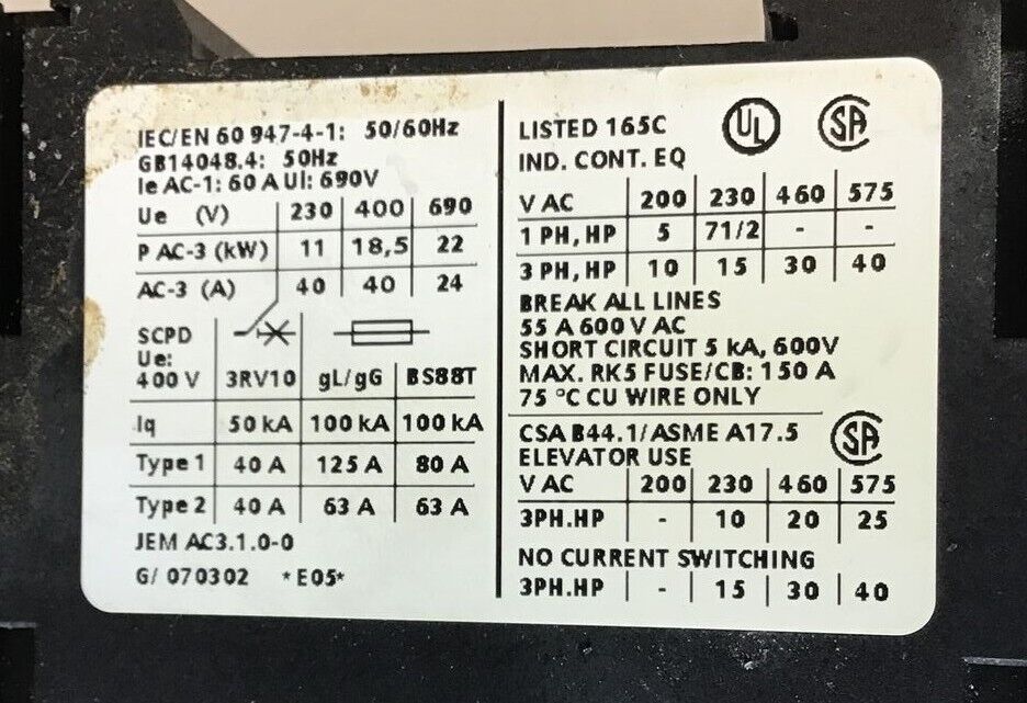 SIEMENS SIRIUS 3RT1035-1BB40 CONTACTOR 24VDC 50/60HZ 690V