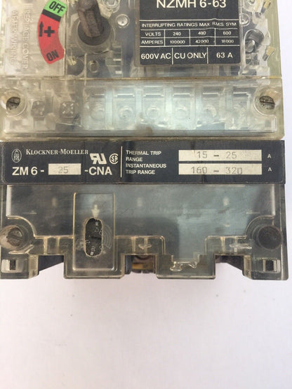 KLOCKNER MOELLER NZMH6-63 CIRCUIT BREAKER 600VAC 63A ZM6-25-CNA THERMAL TRIP