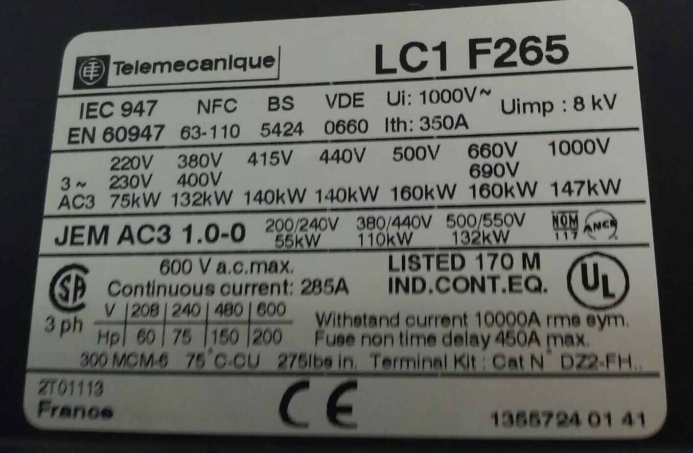 TELEMECANIQUE LC1F265 CONTACTOR, 3PH 600VAC 285A 200HP W/ 24V 40/400HZ  COIL