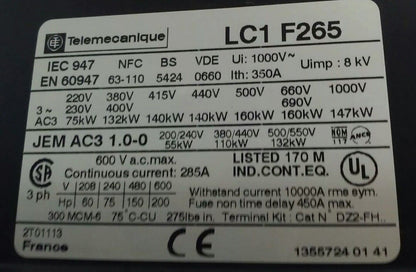 TELEMECANIQUE LC1F265 CONTACTOR, 3PH 600VAC 285A 200HP W/ 24V 40/400HZ  COIL