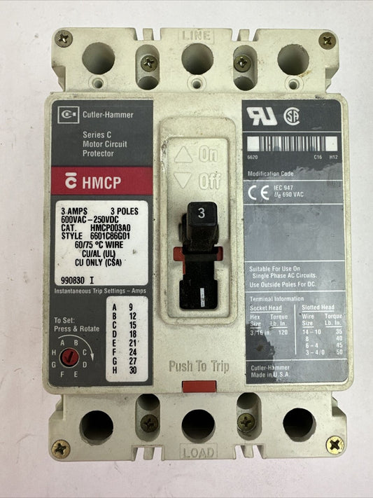 CUTLER HAMMER HMCP003A0 SER C 3POLE 3AMP 600VAC 250VDC 6601B86G01 MOTOR CIRCUIT