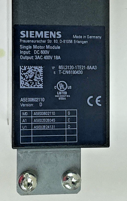 SIEMENS 6SL3120-1TE21-8AA3 SMART LINE MODULE 18A 600VDC 50/60HZ