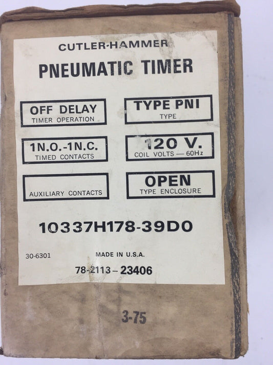 CUTLER HAMMER 10337H178-39D0 PNEUMATIC TIMER TYPE PNI 1 N.O.-1 N.C. COIL 120V