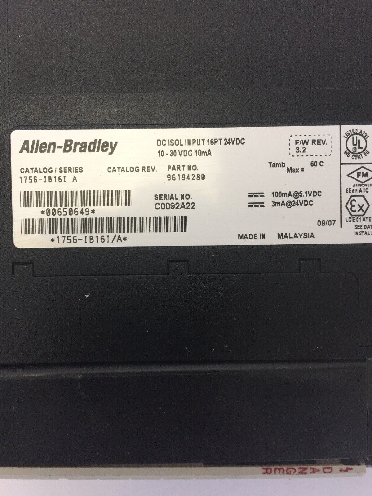 ALLEN BRADLEY 1756-IB16I DC ISOL INPUT MODULE 16PT 24VDC SER A F/W REV 3.2