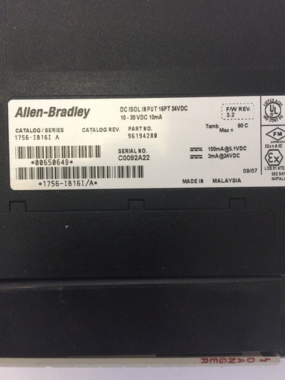 ALLEN BRADLEY 1756-IB16I DC ISOL INPUT MODULE 16PT 24VDC SER A F/W REV 3.2