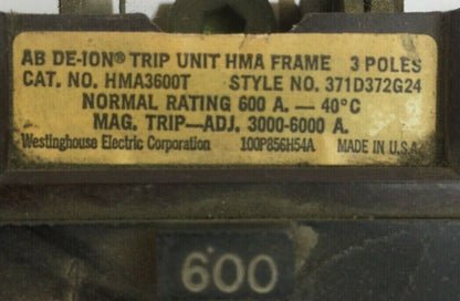 WESTINGHOUSE HMA3600T AB DE-ION TRIP UNIT HMA FRAME 3POLE 600A 371D372G24