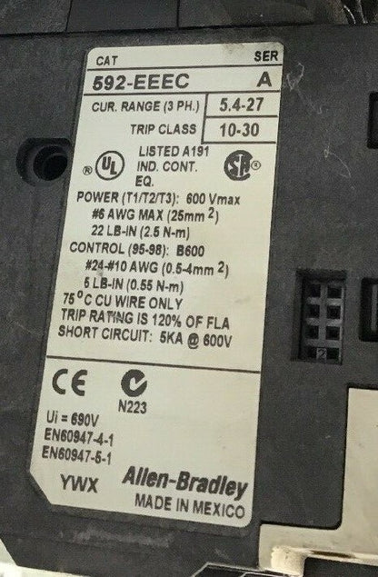 ALLEN BRADLEY 520E-BOD-A2G-A2G SIZE 1 REV STARTER 600VAC 27A 7.5HP COIL 120V