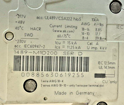 ALLEN-BRADLEY 1489-M1D200 CIRCUIT BREAKER 20A 10KA SER.D 277VAC 50/60HZ
