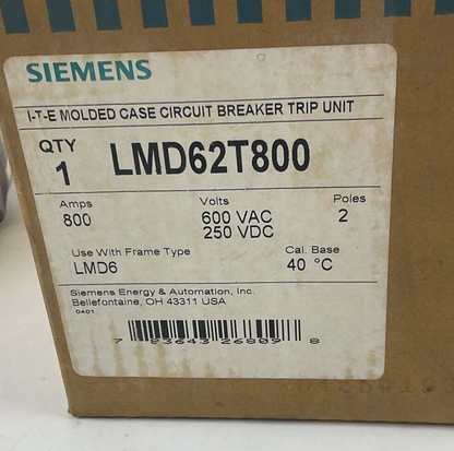 SIEMENS LMD62T800 TRIP UNIT 250VDC 800A 2POLE