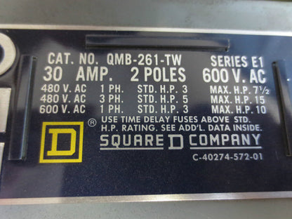 SQUARE D QMB261TW FUSIBLE PANELBOARD / BUSWAY SWITCH 30A 2-POLE 600VAC - NEW