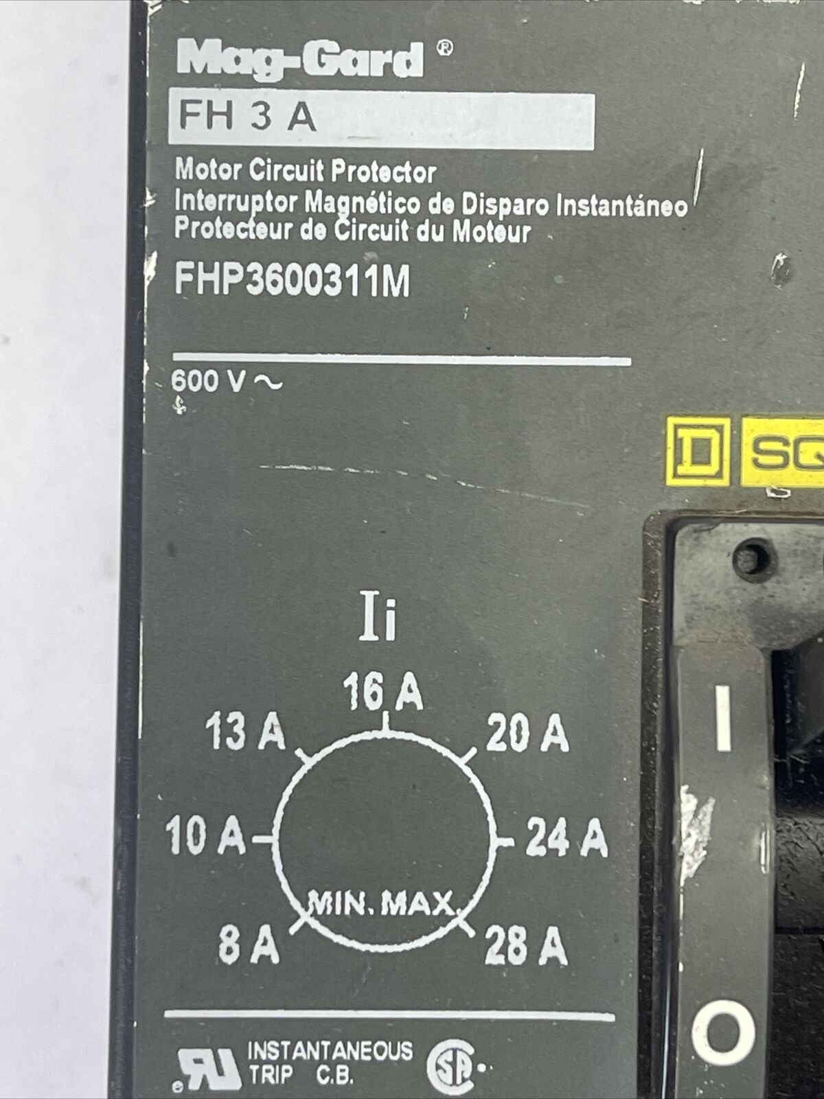 SQUARE D FHP3600311M MOTOR CIRCUIT PROTECTOR 600VAC 3AMP 3POLE INSTATANEOUS TRIP