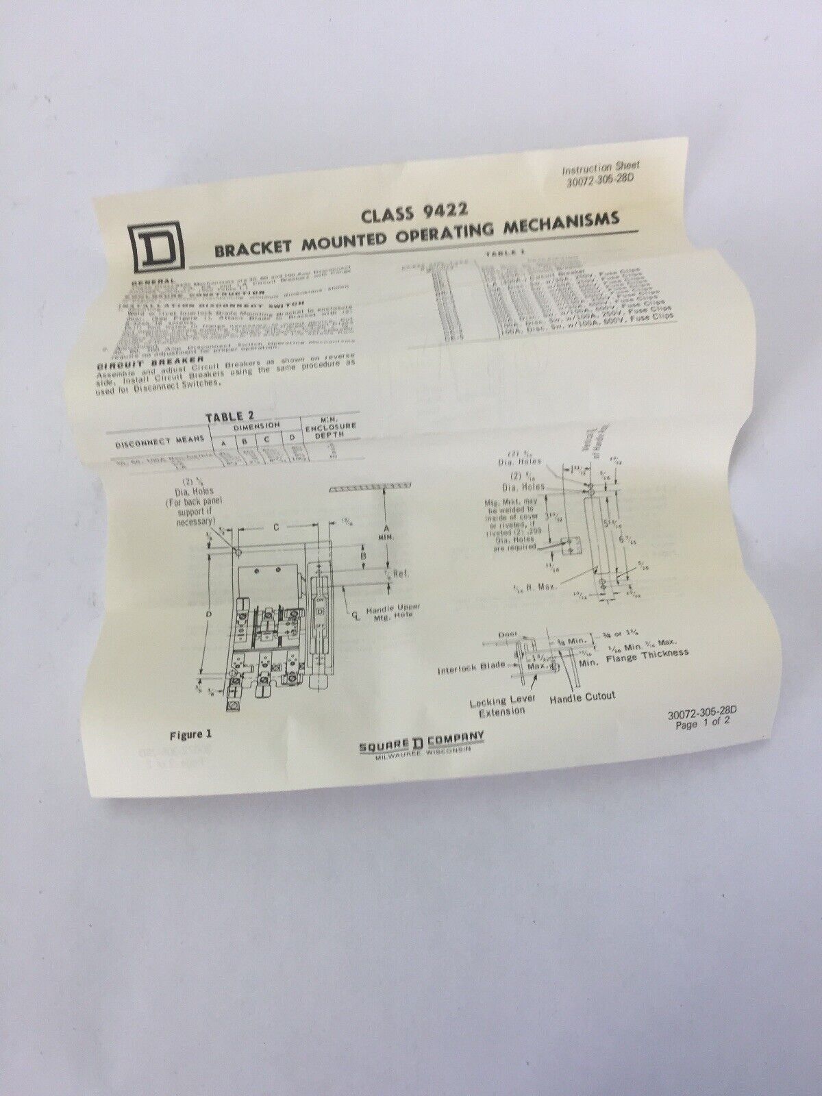 SQUARE D 9422 BC-1 SER A FLANGE MOUNTED DISCONNECT SWITCH 30A NON-FUSIBLE RIGHT