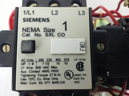 SIEMENS SRLCO240 REVERSING STARTER, SXLCO, 3PH, 27A, 600V,10HP, 240V COIL, SA13A