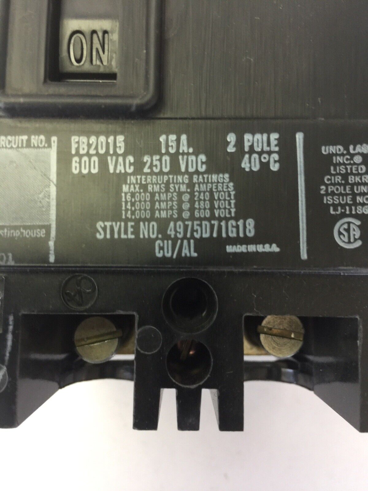 WESTINGHOUSE FB2015 CIRCUIT BREAKER 15AMP 2POLE 600VAC 250VDC 4975D71G18