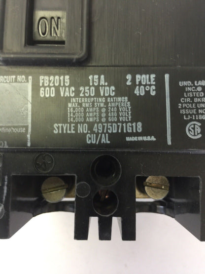 WESTINGHOUSE FB2015 CIRCUIT BREAKER 15AMP 2POLE 600VAC 250VDC 4975D71G18