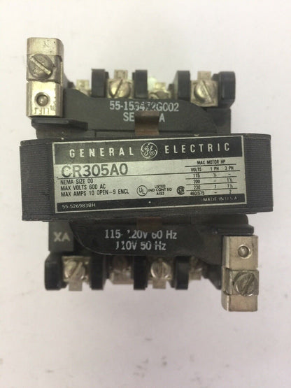 GE CR305A0 SIZE 00 CONTACTOR 600VAC 10A 2HP 3PH 55-153472G002 COIL 115-120V 60HZ