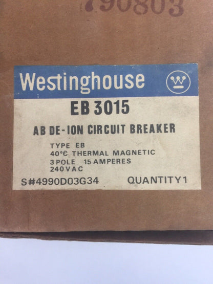 WESTINGHOUSE EB3015 AB DE-ION CIRCUIT BREAKER 15A 240VAC 3 POLE 4990D03G34