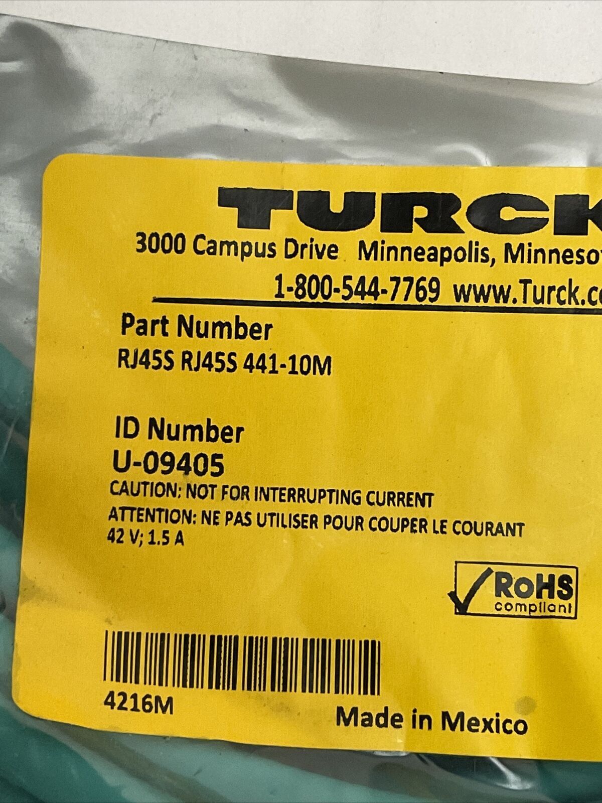 TURCK RJ45S RJ45S 441-10M CORDSET ETHERNET CABLE 10 METERS