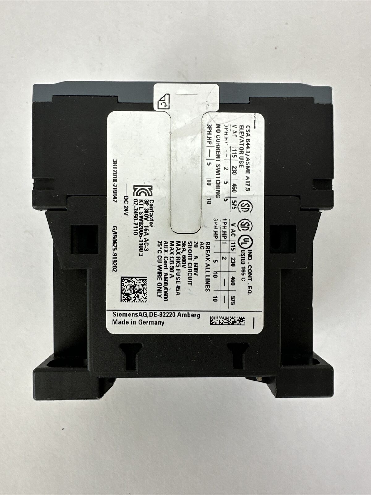 SIEMENS 3RT2018-2BB42 CONTACTOR 20A 600VAC COIL 24VDC