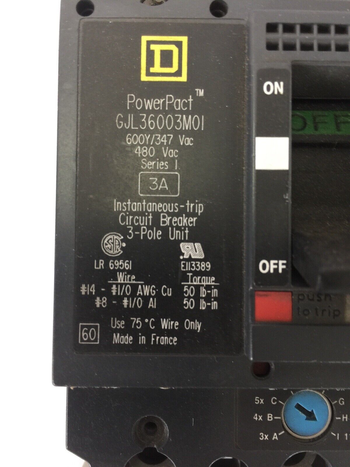 SQUARE D GJL36003M01 INSTANTANEOUS TRIP CIRCUIT BREAKER 3A 600Y/347VAC 480VAC 3P